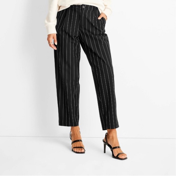 Women's Mid Rise Front Pleated Pants Future Collective Black Pinstriped 2 - Picture 1 of 3